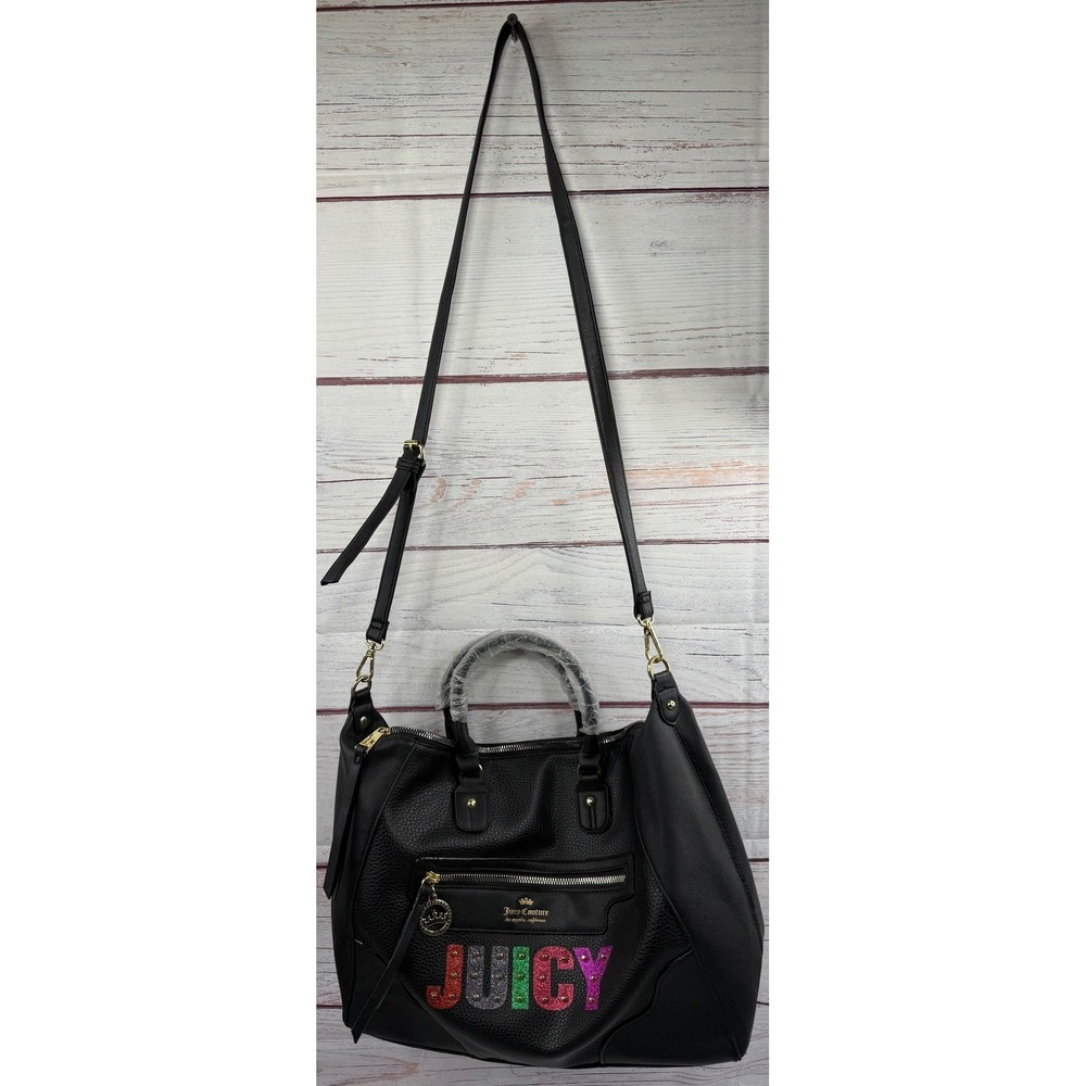 Juicy Couture Black Pebbled Satchel Crossbody Bag Multi Glitter Logo NWT - Picture 2 of 12